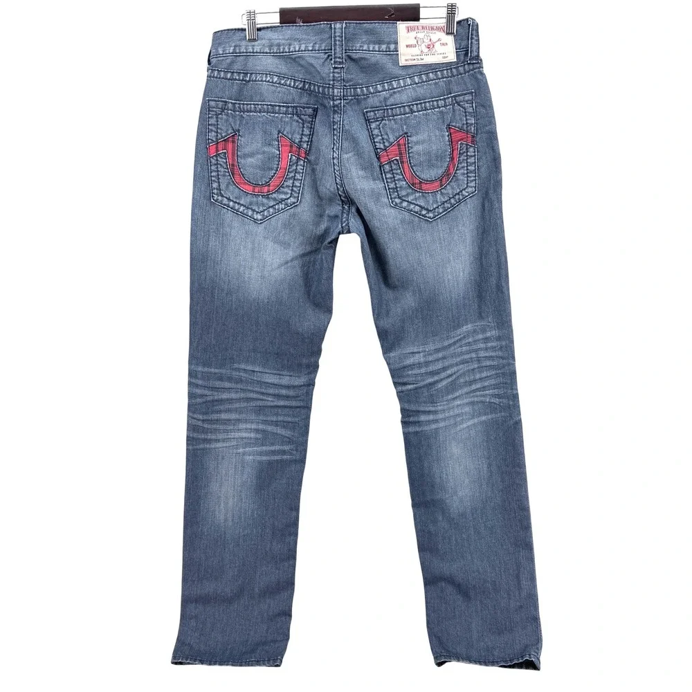 True Religion Slim Jeans Mens 34 Blue‎ Exc Faded Whiskered Red Plaid Straight